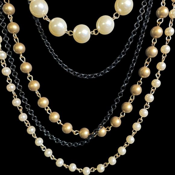 New York & Company Multi-Layer Faux Pearl & Chain Necklace Gold, Black, & Ivory - Picture 5 of 6